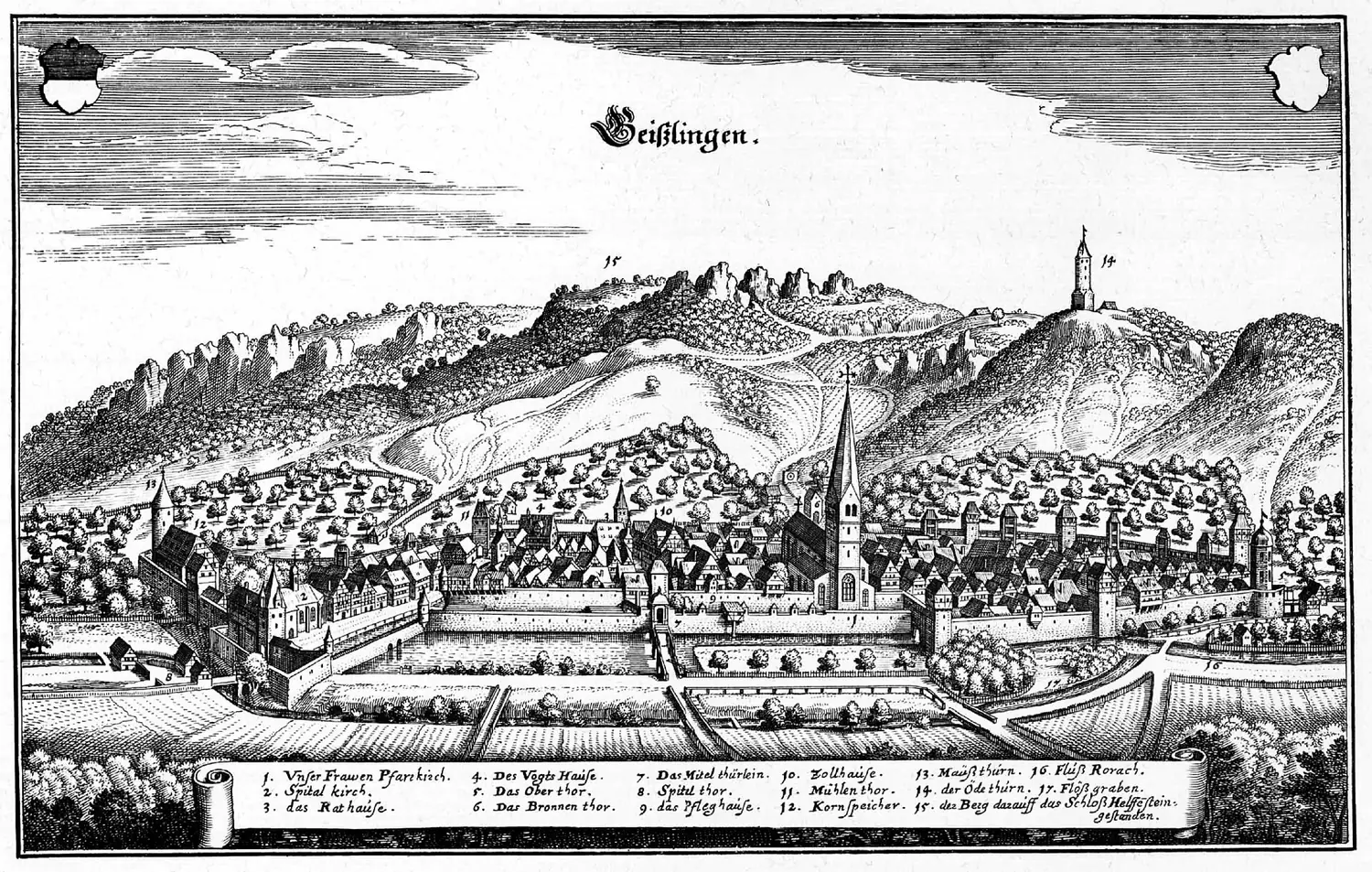 Historischer Kupferstich, der Geislingen mit der Burg Helfenstein zeigt