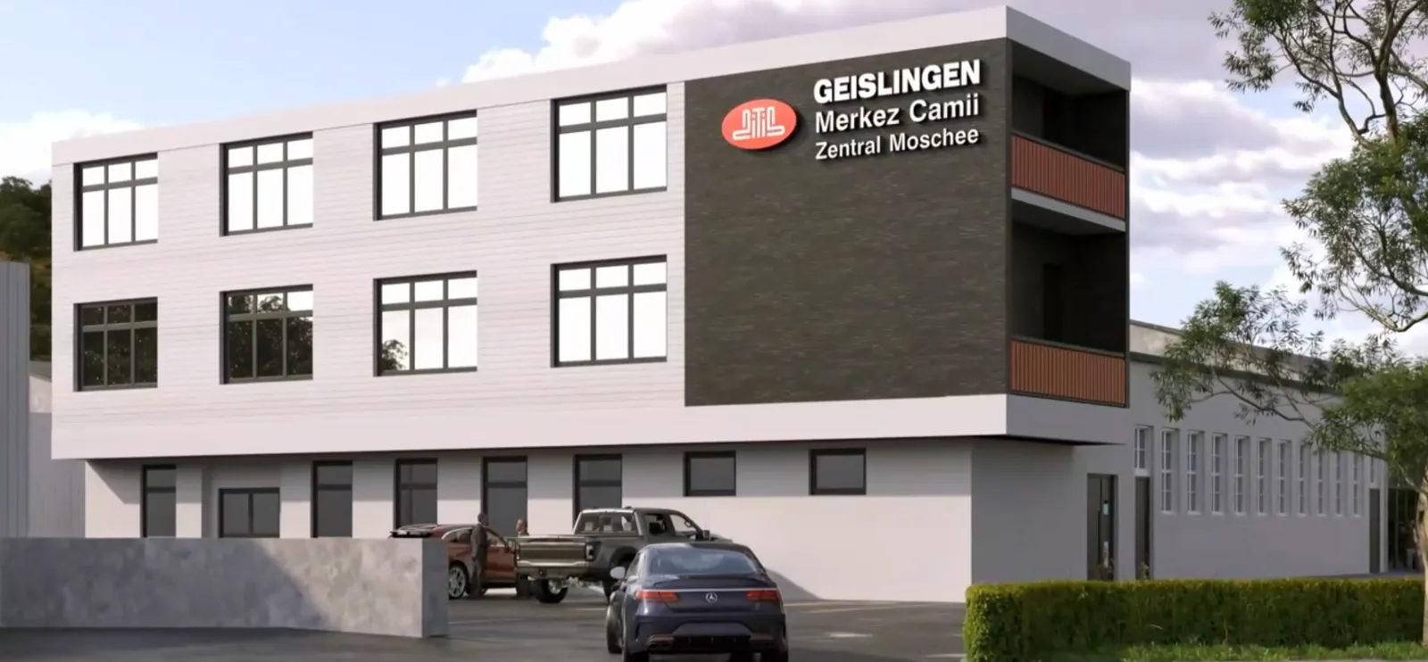 Entwurfsansicht des geplanten Gemeindehauses mit dem Schriftzug Geislingen Merkez Camii