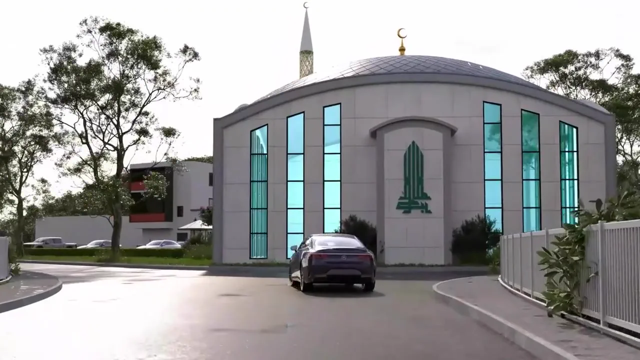 Entwurfsansicht der geplanten Moschee mit Gebetssaal und Minarett
